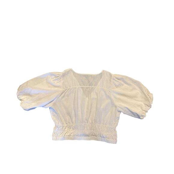Marc New York White Linen Blend Cropped Ruched Top Balloon Sleeve Blouse Size L - Picture 3 of 7